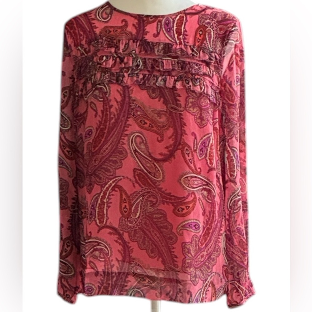 J. Crew Pink Paisley Ruffle-Trim Long Sleeve Silk Blouse size 2
